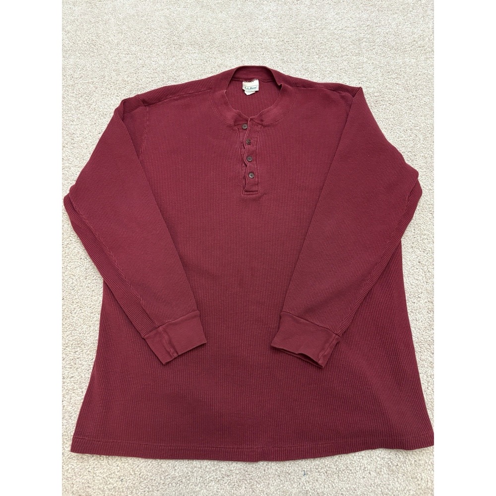 Vintage LL Bean Henley Shirt XL Red Waffle Knit Long Sleeve USA